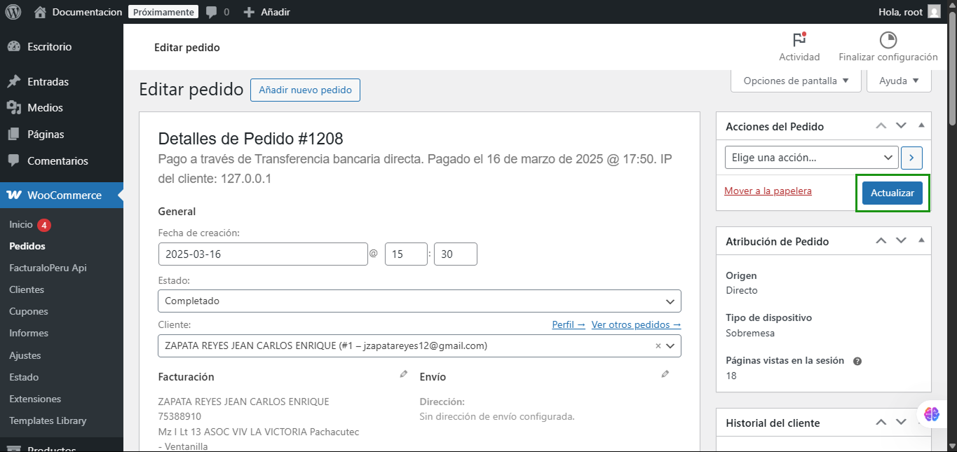 Actualizar orden